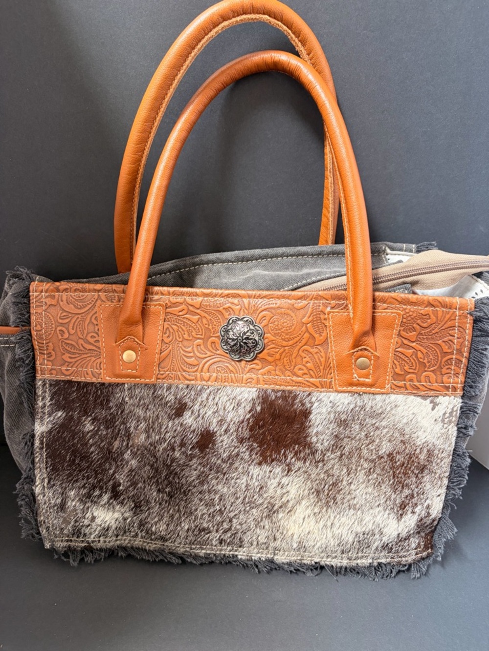 Myra Bag Brown and White Cowhide Tote with Tan Leather Trim
